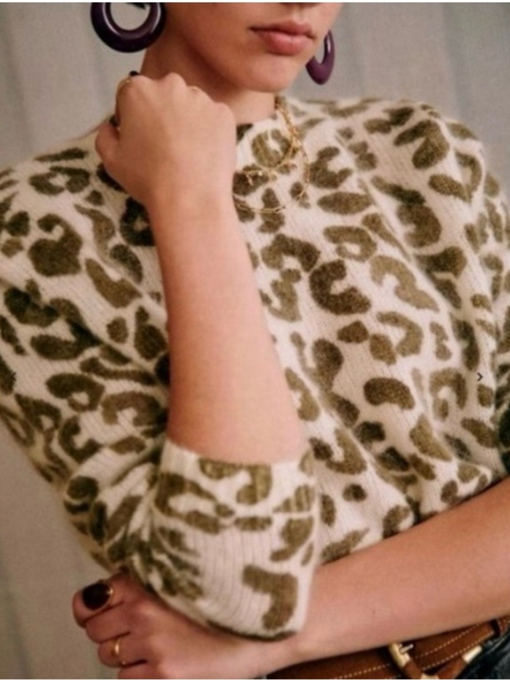 Sézane Indiana Mohair Green & Ivory leopard Print Crew Sweater Jumper Medium